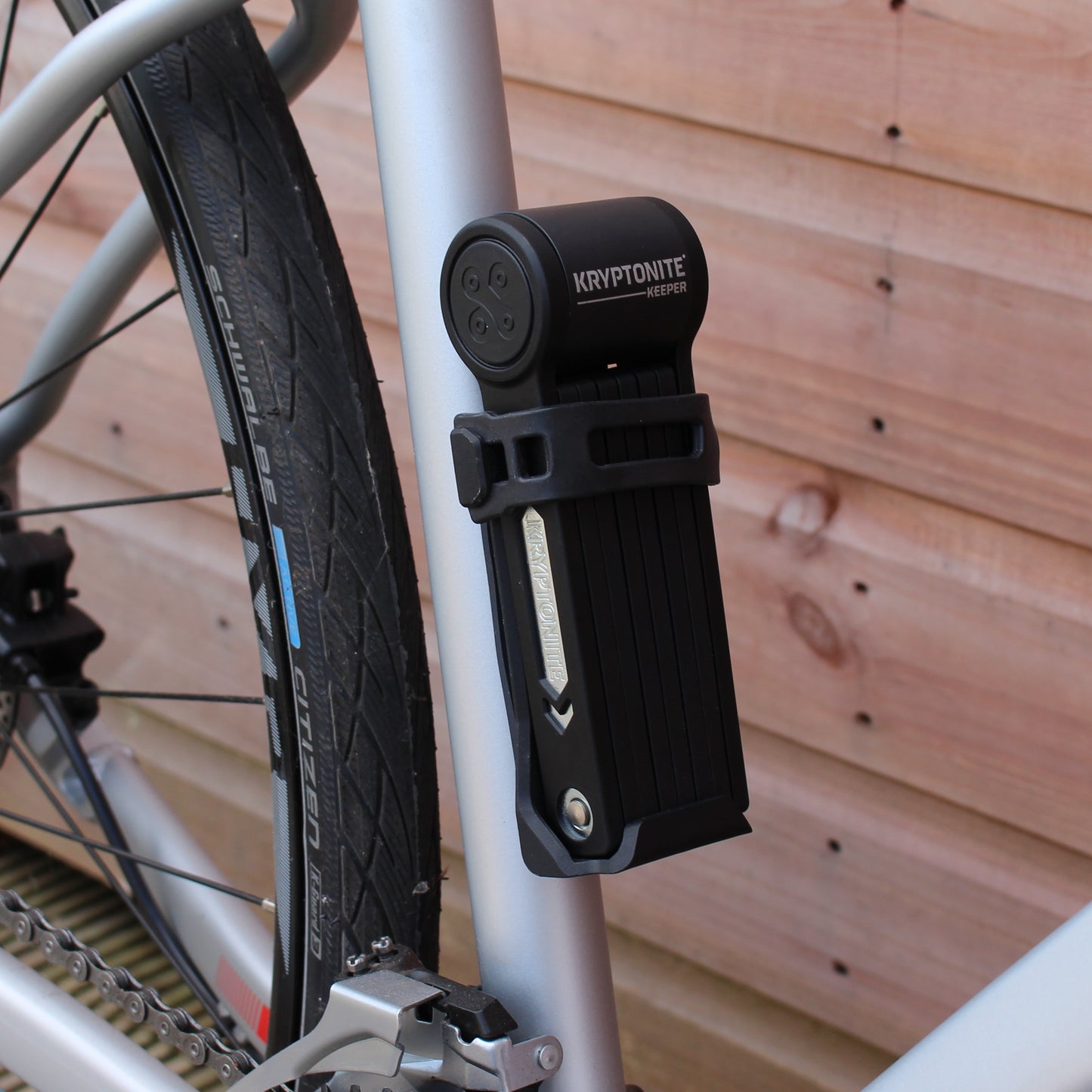 Kryptonite Keeper Mini Folding Bicycle Lock, Keyed Black Mounted to downtube
