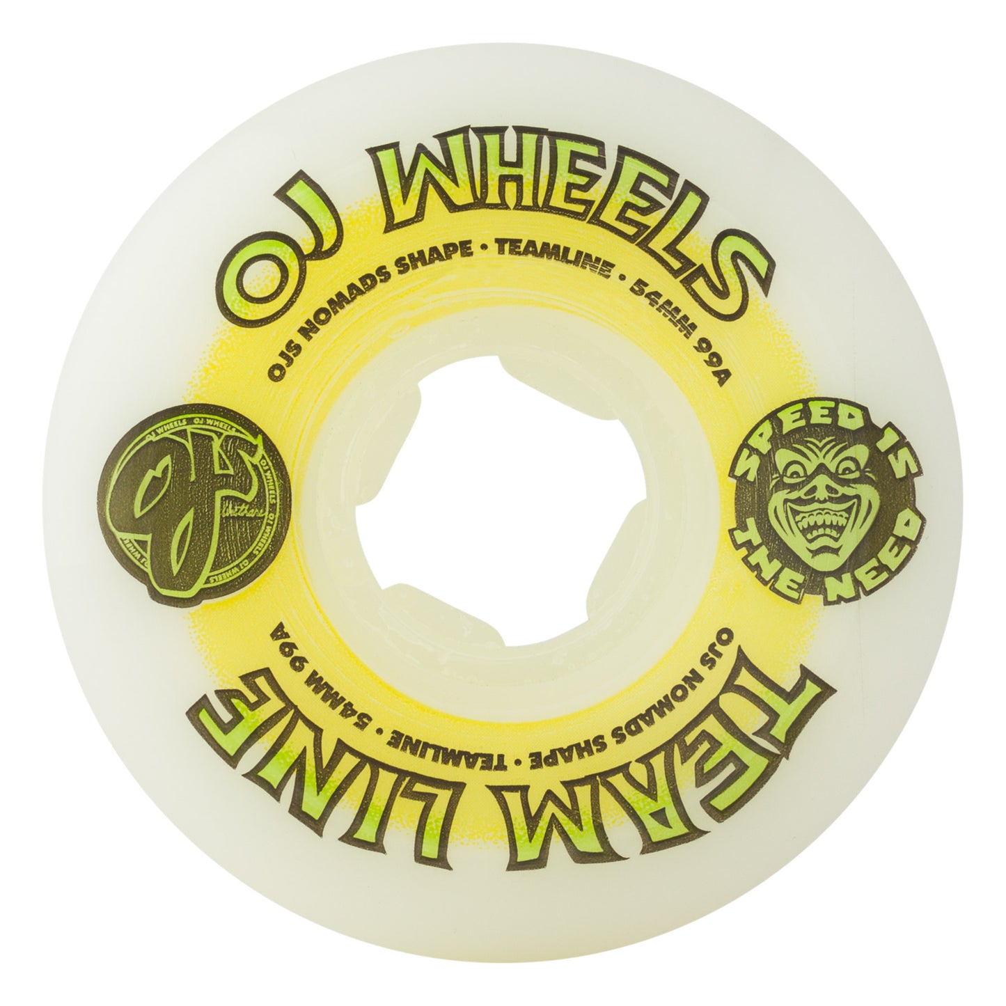 OJ Wheels 54mm 99a Team Line Original White Yellow/Green Hardline Skateboard Wheels (Set of 4)