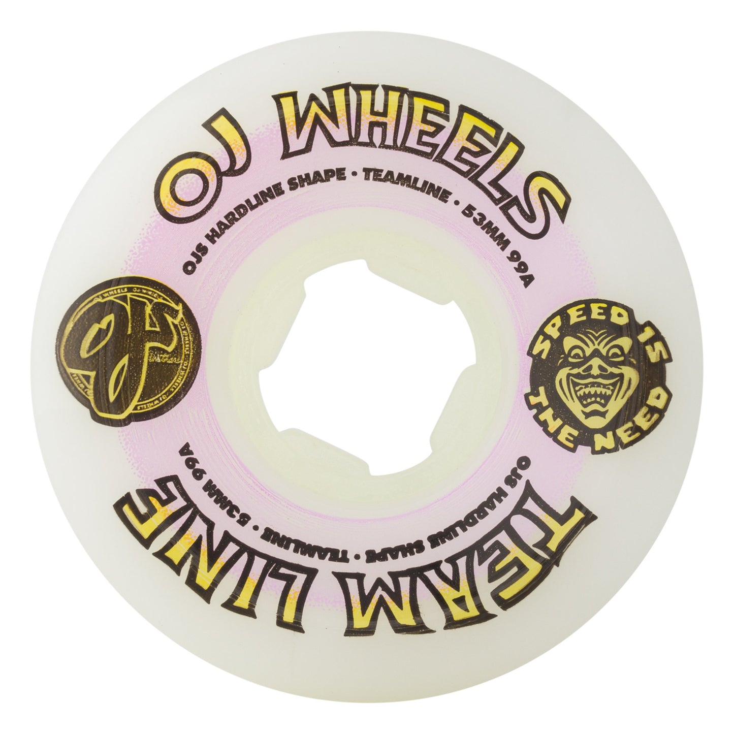 OJ Wheels 53mm 99a Team Line Original White Purple/Yellow Hardline Skateboard Wheels (Set of 4)