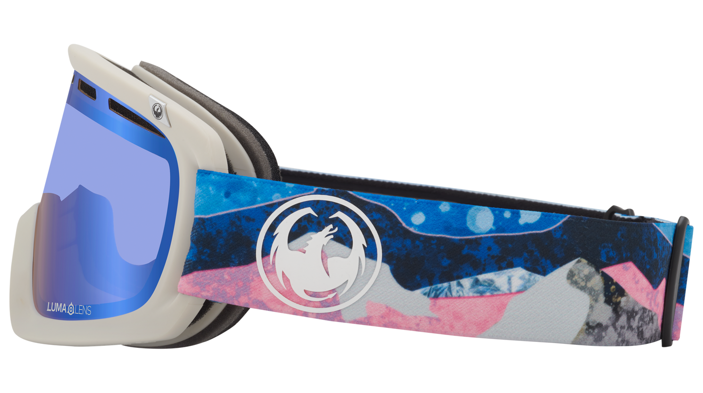 Dragon D1 OTG Over the Glasses Ski Snowboard Goggles Mountain Bliss Flash Blue Lens Band Side 1