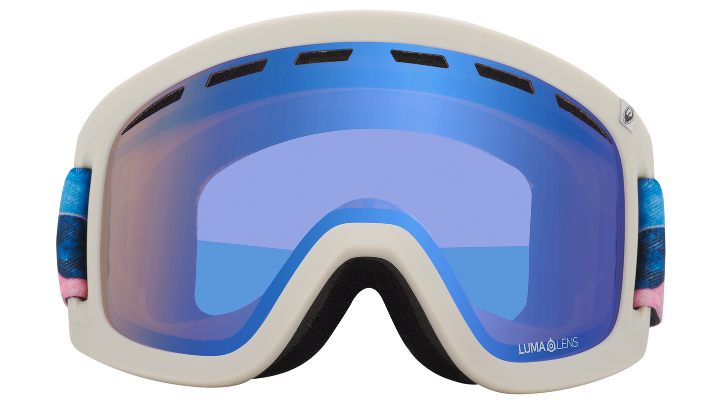 Dragon D1 OTG Over the Glasses Ski Snowboard Goggles Mountain Bliss Flash Blue Lens Face