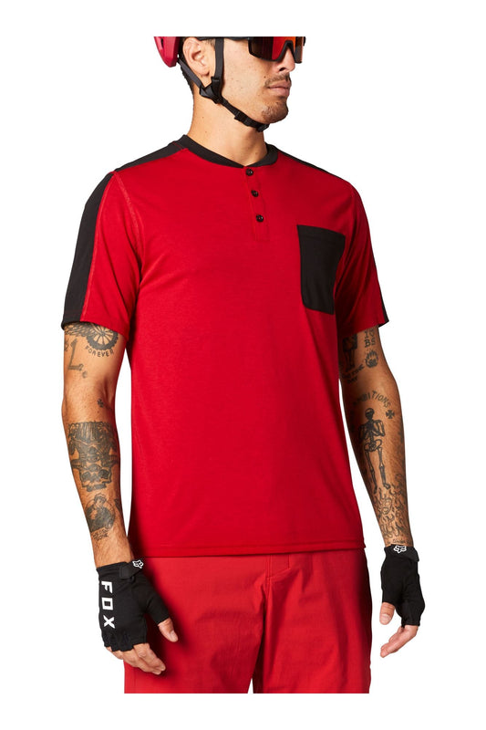 Fox MTB Men's Ranger Drirelease Short Sleeve Henley Mountain Bike Jersey Chili Red Front Right