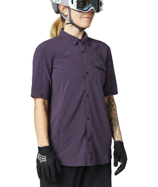 Fox Racing Womans Flexair Woven Short Sleeve Snap Button Up Jersey Dark Purple Front Right