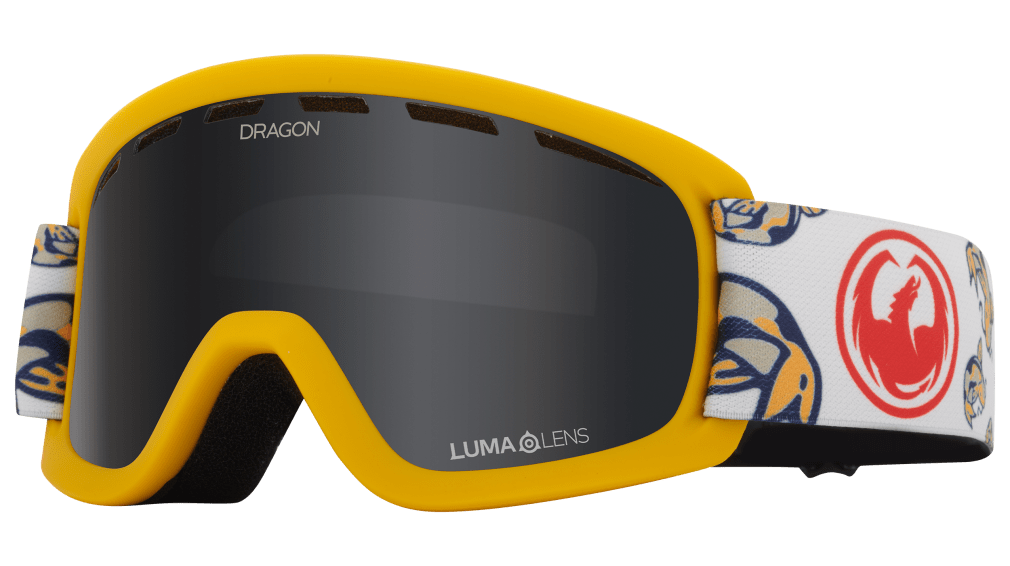 Dragon Alliance Little Lil D Kids Child Youth Ski Snowboard Goggles Lil Koi Yellow White Dark Smoke Gray Lens Profile