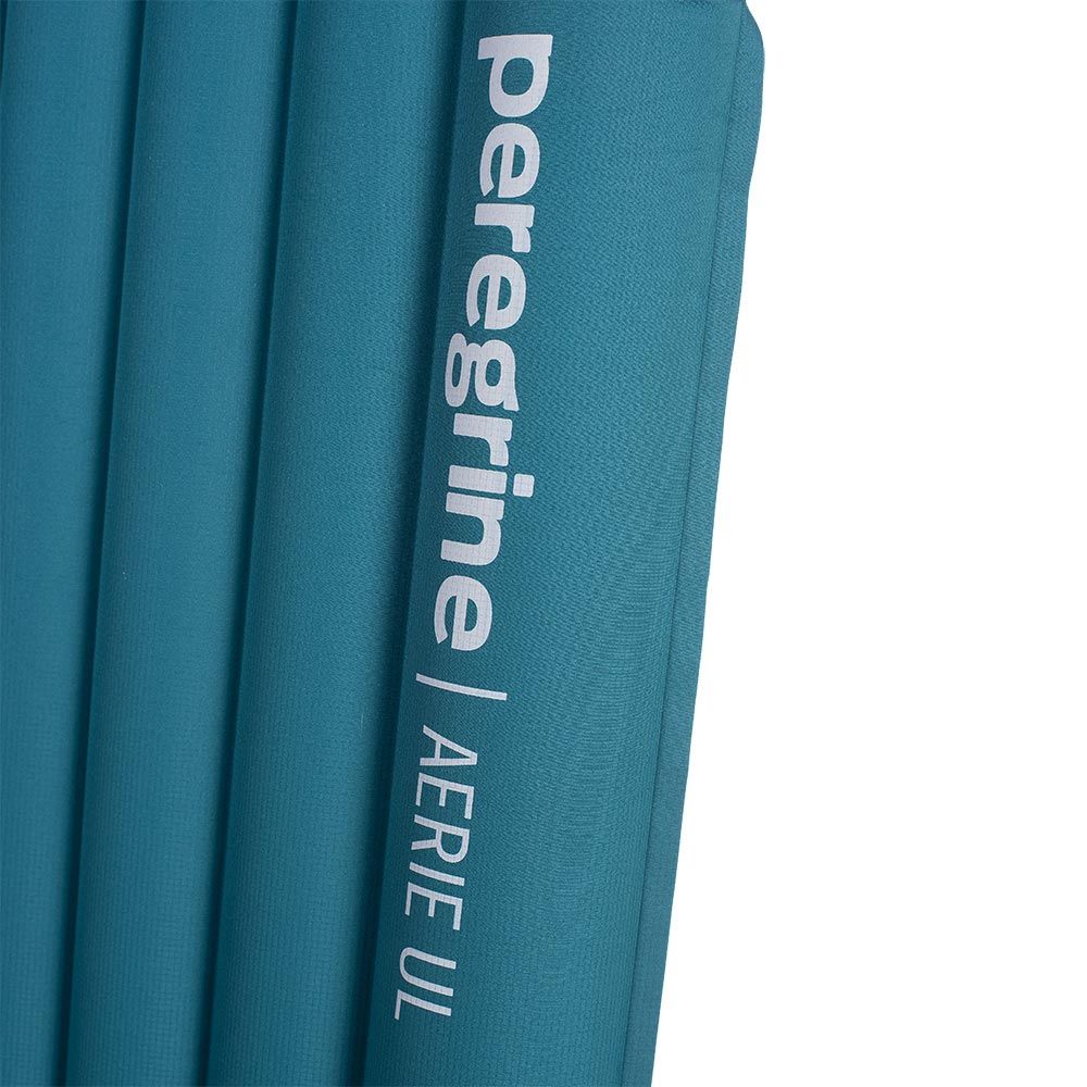 Peregrine Outfitters Aerie Ultralight Primaloft inflatable sleeping pad top logo and riffles detail