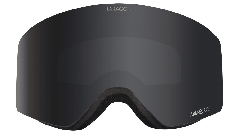 Dragon Alliance R1 OTG Flat Lens Frameless Ski and Snowboard Goggles Blackout Dark Smoke Grey Lens Front Face
