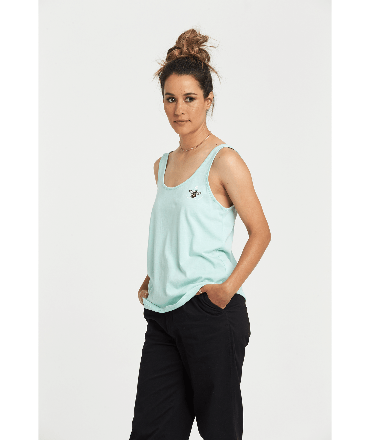 Element Women's Branded Low Back Scoop Tank Top Light Blue Front Model