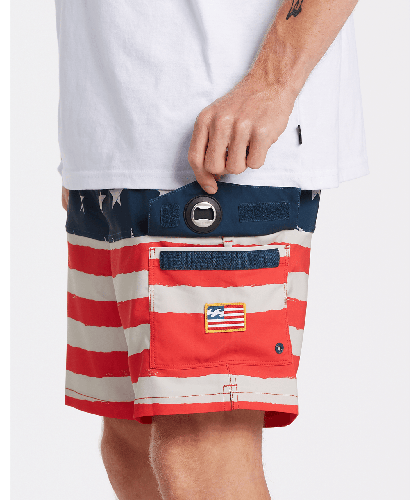 Billabong Men's Fifty50 BBO Layback Boardshort American Flag colors bottle opener left side pocket