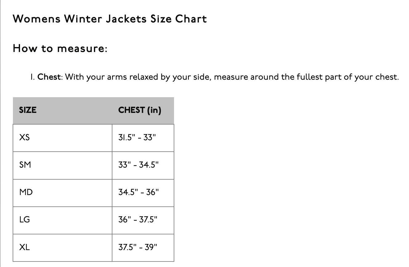 oneill womens winter coat size chart