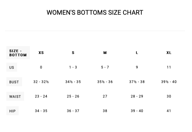 RVCA Women's Swim Bottoms Size Chart Fit Guide