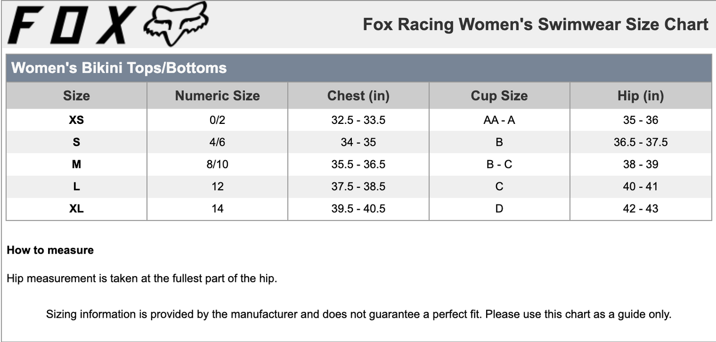 Fox Racing Women's Swimwear Size Guide Chart