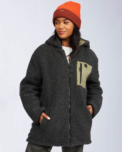 Billabong Women's Alpine Reversible Jacket Army Green Sherpa Front View