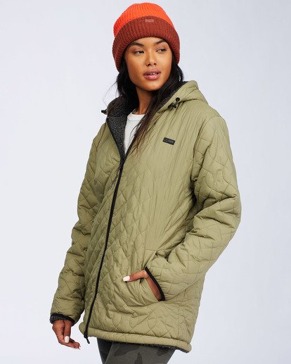 Billabong Women's Alpine Reversible Jacket Army Green Quilted Modeled Angled Front View