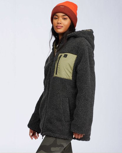 Billabong Women's Alpine Reversible Jacket Army Green Sherpa Modeled Front Angled View