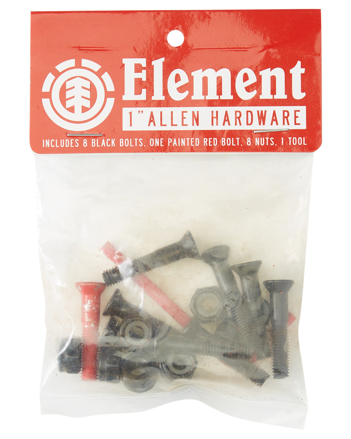 Element 1" Allen Head Skateboard hardware, Steel, Pre-packaged, 8 Black bolts, 1 Red bolt, 9 Nuts, 1 Allen tool, 1 inch bolts