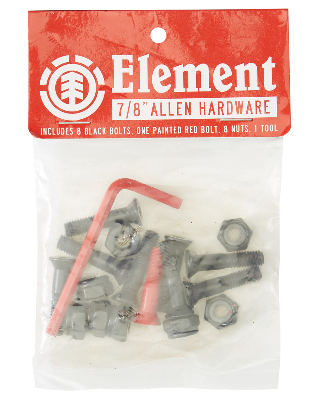 Element 7/8" .875" Allen Head Skateboard Hardware, Steel, Pre-packaged, 8 Black bolts, 1 Red bolt, 8 Nuts, 1 Allen tool, 7/8 inch bolts