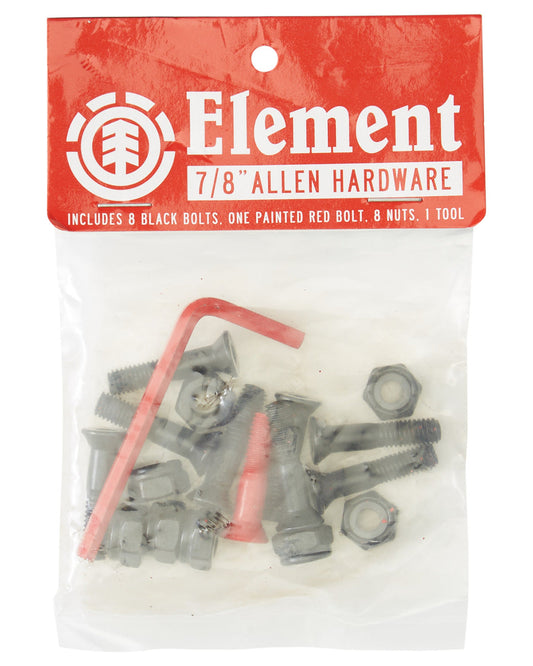 Element 7/8" .875" Allen Head Skateboard Hardware, Steel, Pre-packaged, 8 Black bolts, 1 Red bolt, 8 Nuts, 1 Allen tool, 7/8 inch bolts