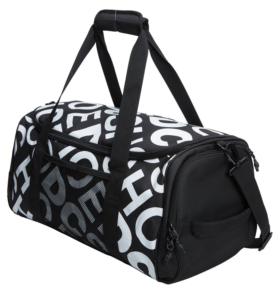 DC 37 Liter Emlay Duffle Duffel Gear Bag Black/White Logo All over print Side View