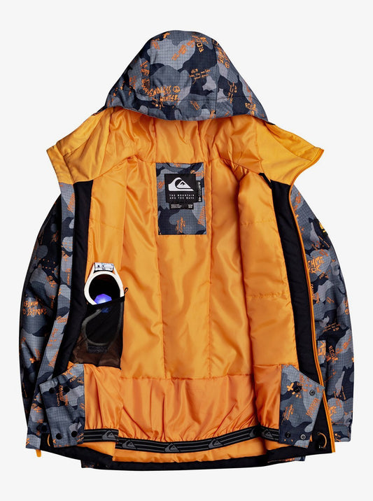 Quicksilver Boy's Mission Printed Snow Jacket Gray and Orange Opened front View
