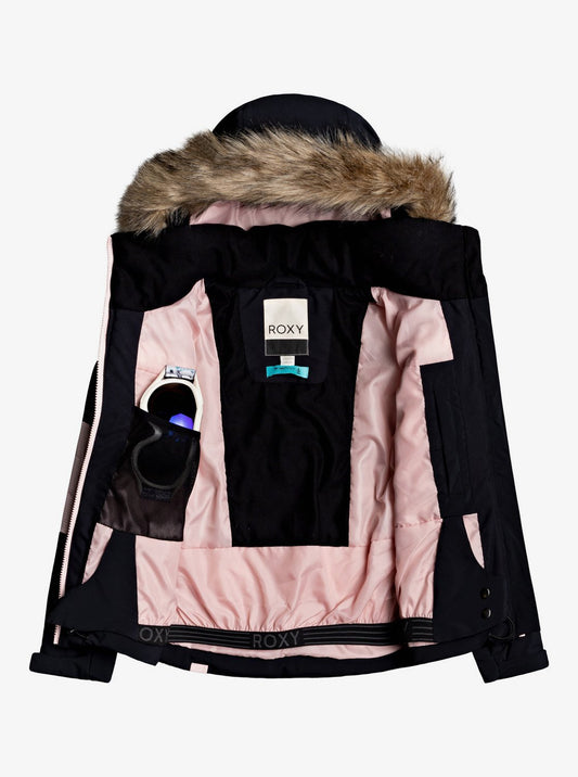 Roxy Girl's Bamba Girl Snow Jacket Pink and Black Opened Front View
