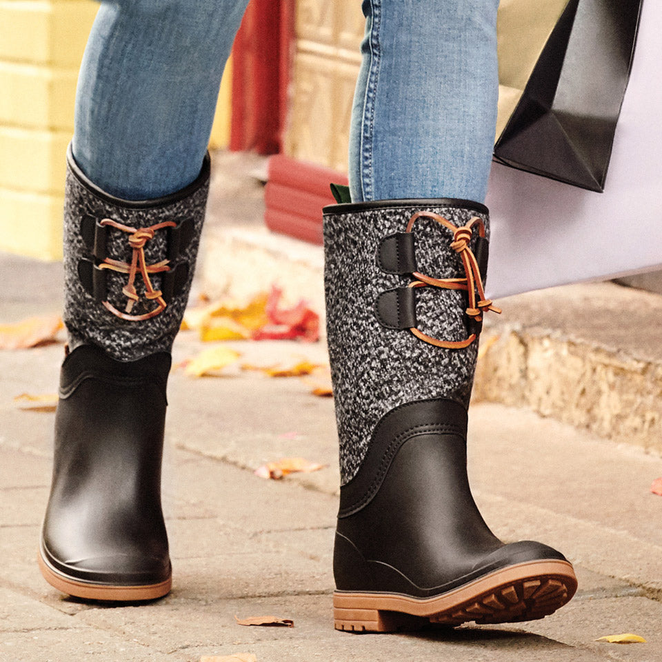 Kamik Abigail womans pull on waterproof winter fall spring rain snow boot black lifestyle shot