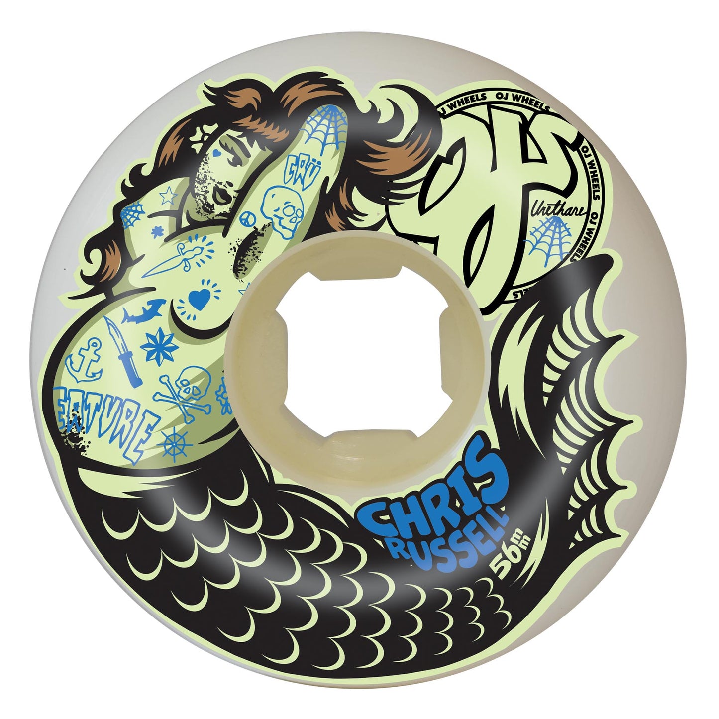 OJ Wheels 56mm 99a/95a Chris Russell Sexy Mermaid Double Duro White Mini Combo Skateboard Wheels 