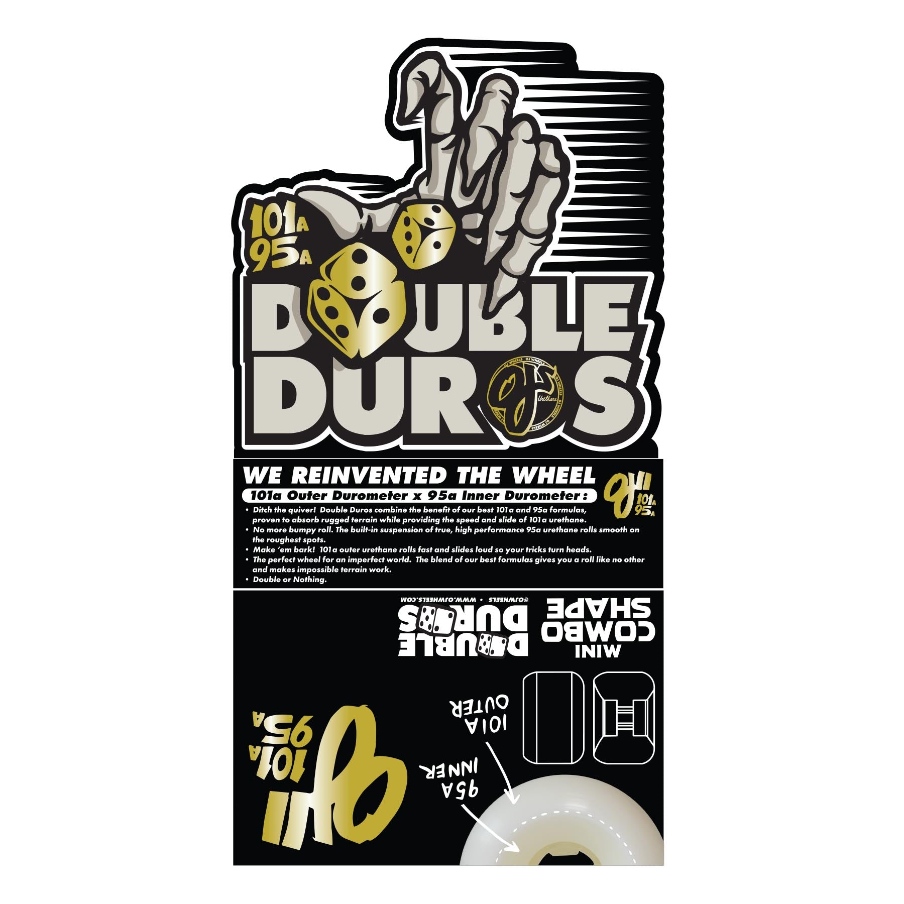 OJ Wheels 53mm 101a/95a Double Duro White Mini Combo Skateboard Wheels (Set of 4)