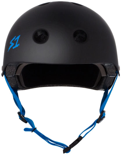 S One Lifer Certified Skate/Bike Bucket Helmet - Black Matte with Cyan Straps