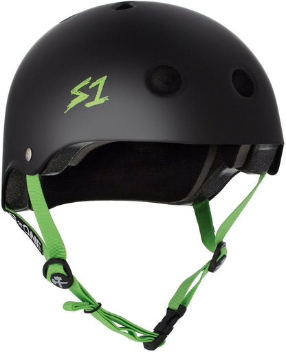 S One Lifer Certified Skate/Bike Bucket Helmet - Black Matte with Bright Green Straps