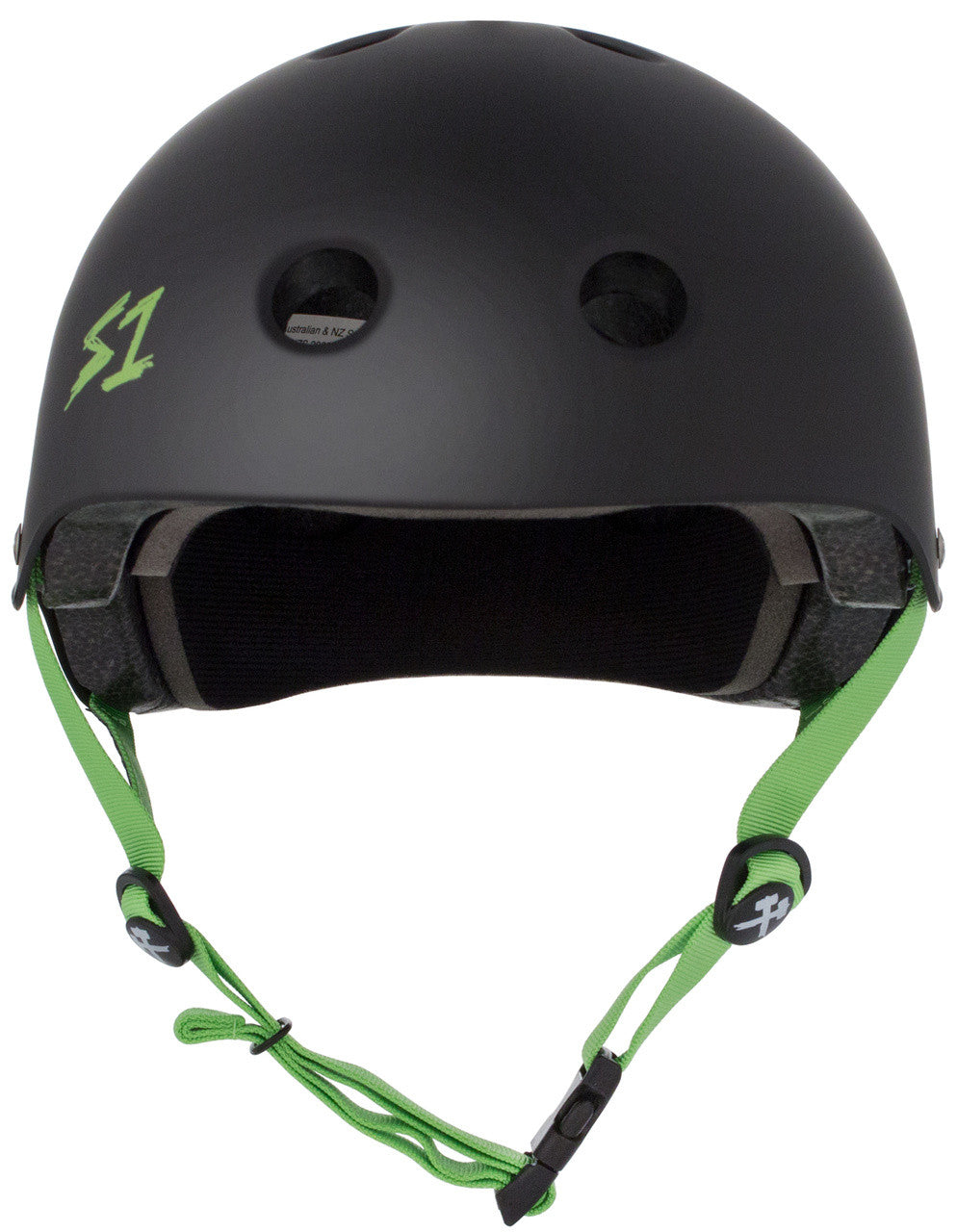 S One Lifer Certified Skate/Bike Bucket Helmet - Black Matte with Bright Green Straps