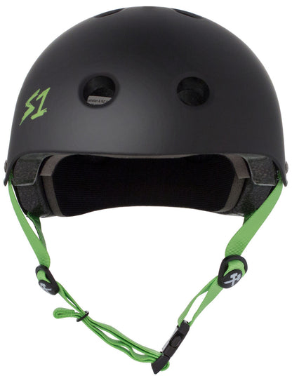 S One Lifer Certified Skate/Bike Bucket Helmet - Black Matte with Bright Green Straps