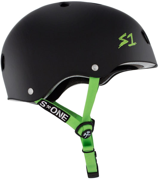 S One Lifer Certified Skate/Bike Bucket Helmet - Black Matte with Bright Green Straps