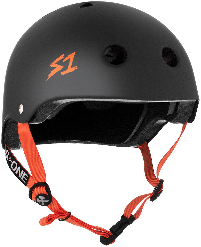 S One Lifer Certified Skate/Bike Bucket Helmet - Black Matte with Orange Straps
