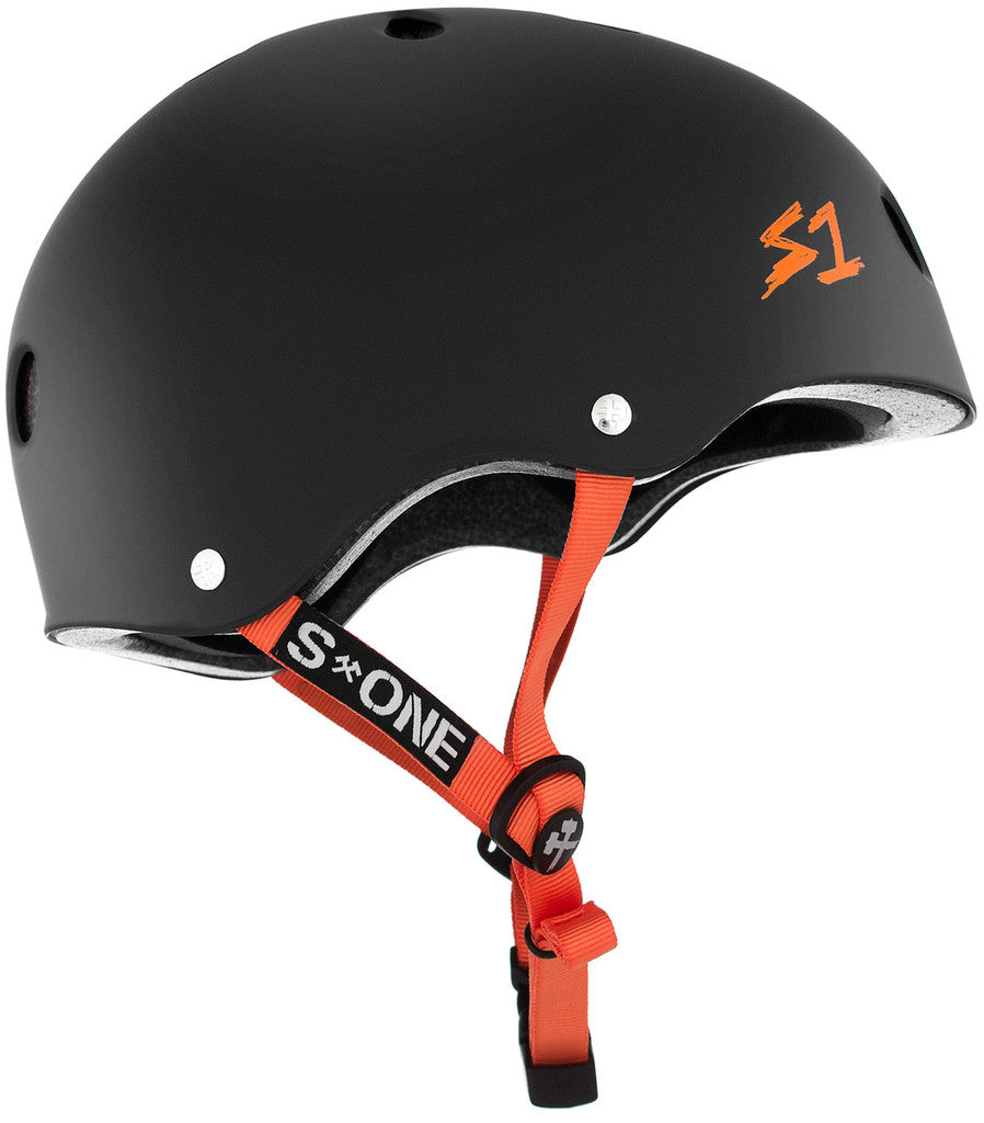 S One Lifer Certified Skate/Bike Bucket Helmet - Black Matte with Orange Straps