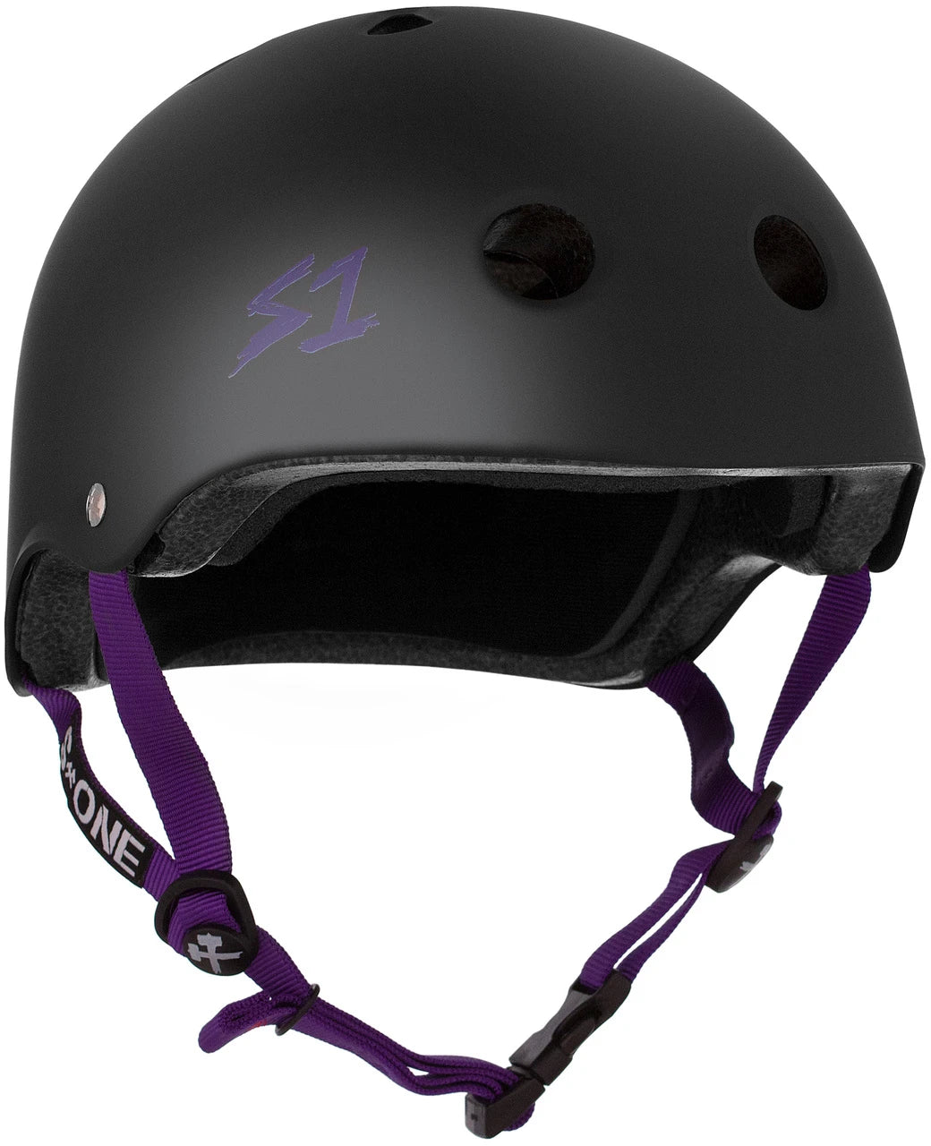 S One Lifer Certified Skate/Bike Bucket Helmet - Black Matte with Purple Straps
