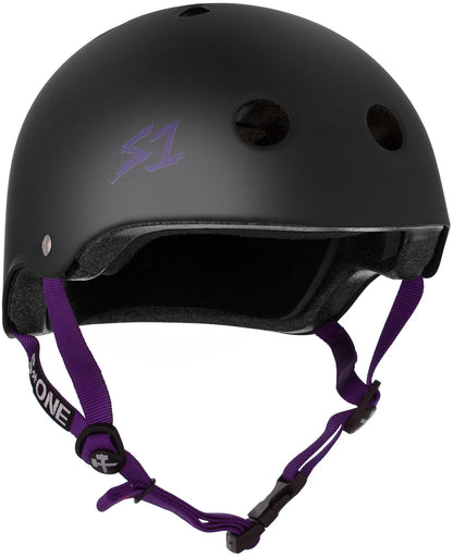 S One Lifer Certified Skate/Bike Bucket Helmet - Black Matte with Purple Straps