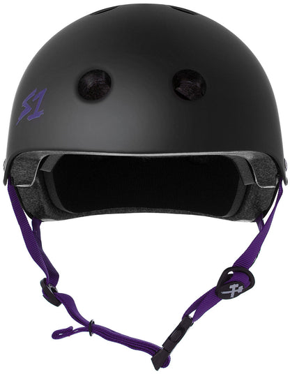 S One Lifer Certified Skate/Bike Bucket Helmet - Black Matte with Purple Straps