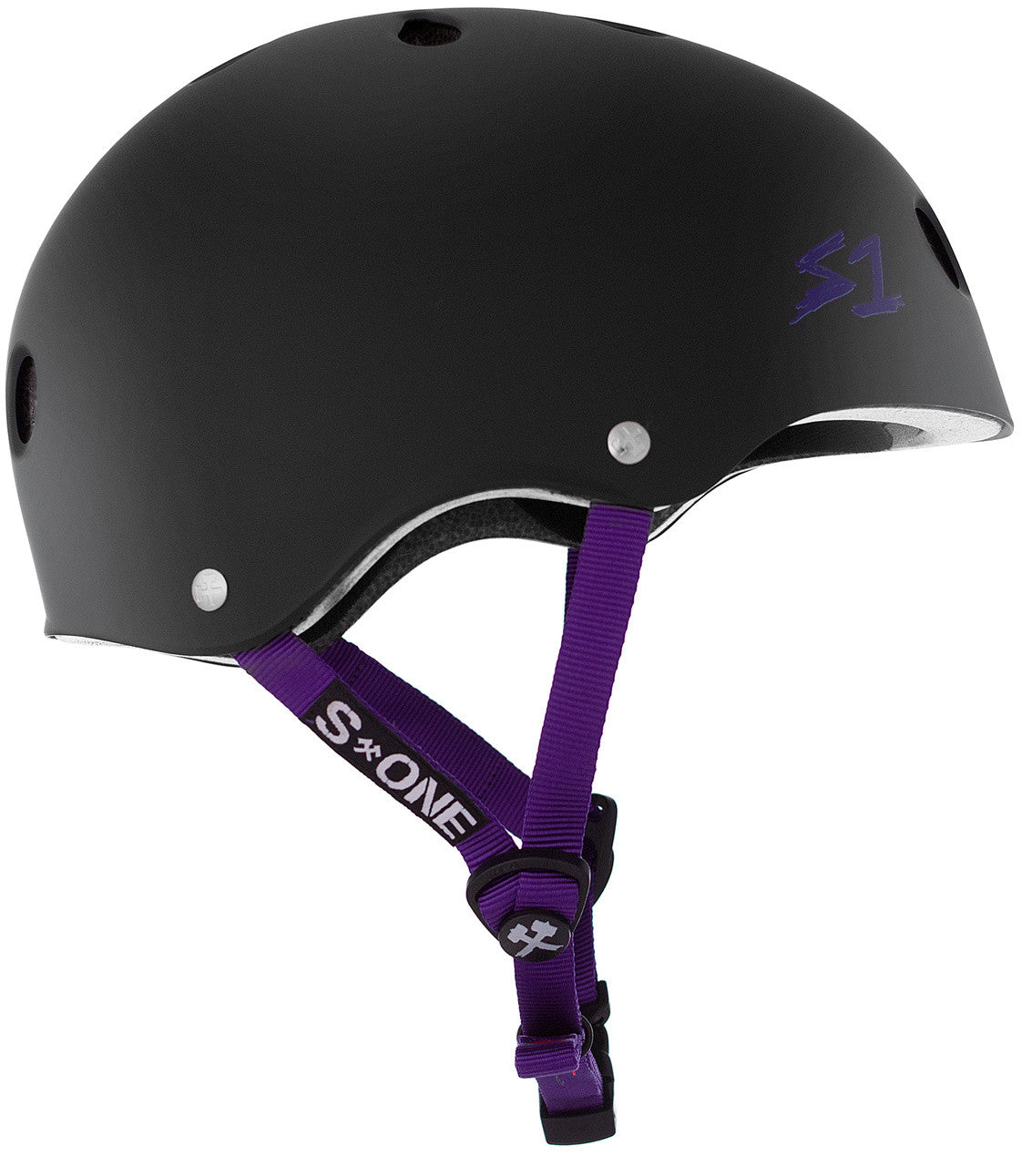 S One Lifer Certified Skate/Bike Bucket Helmet - Black Matte with Purple Straps