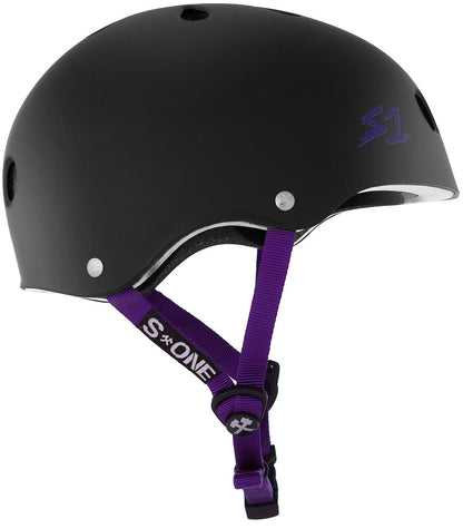 S One Lifer Certified Skate/Bike Bucket Helmet - Black Matte with Purple Straps