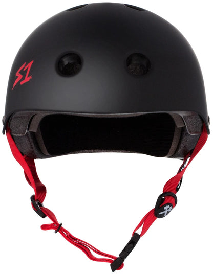 S One Lifer Certified Skate/Bike Bucket Helmet - Black Matte/Red Straps