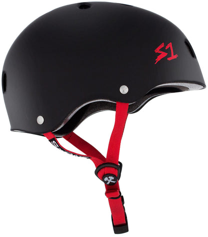 S One Lifer Certified Skate/Bike Bucket Helmet - Black Matte/Red Straps