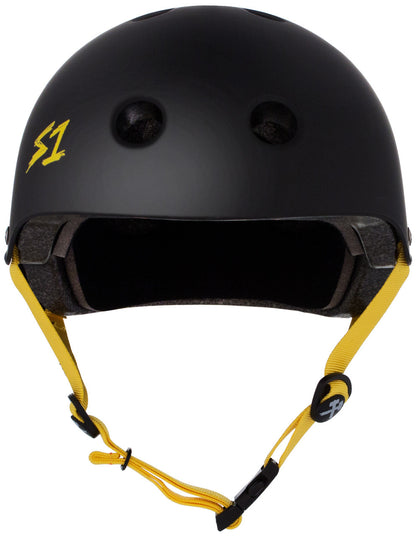 S One Lifer Certified Skate/Bike Bucket Helmet - Black Matte with Yellow Straps