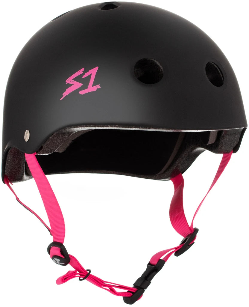 S One Lifer Certified Skate/Bike Bucket Helmet - Black Matte/Pink Straps