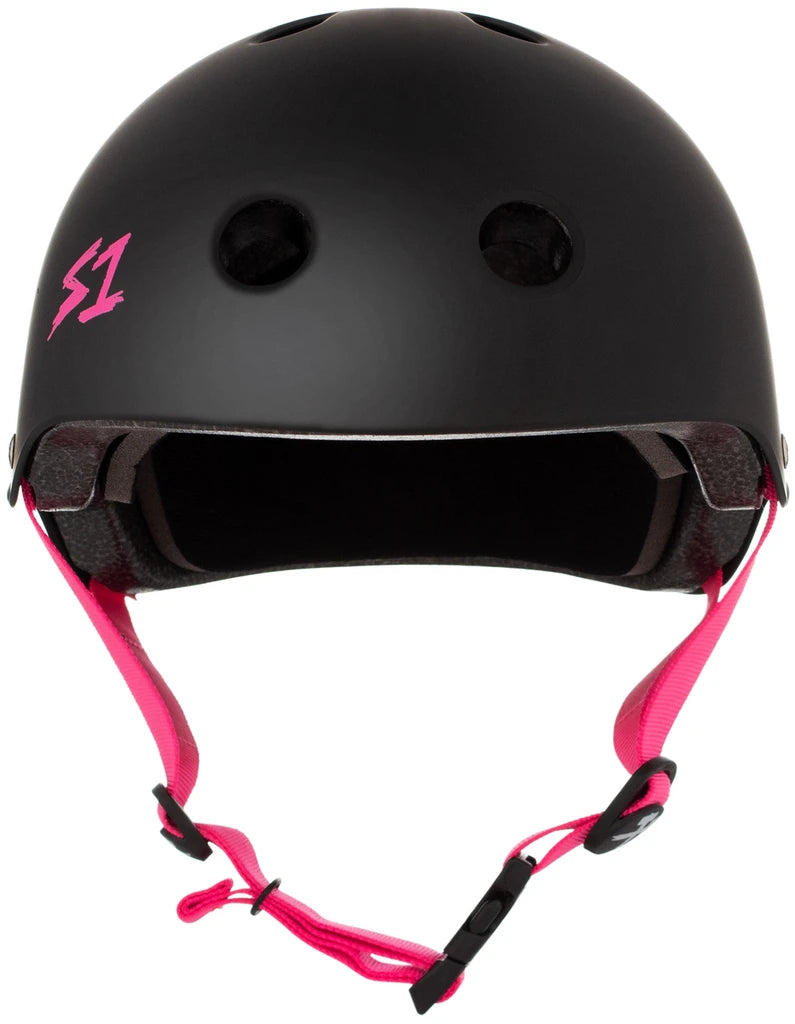 S One Lifer Certified Skate/Bike Bucket Helmet - Black Matte/Pink Straps