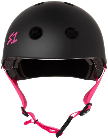 S One Lifer Certified Skate/Bike Bucket Helmet - Black Matte/Pink Straps