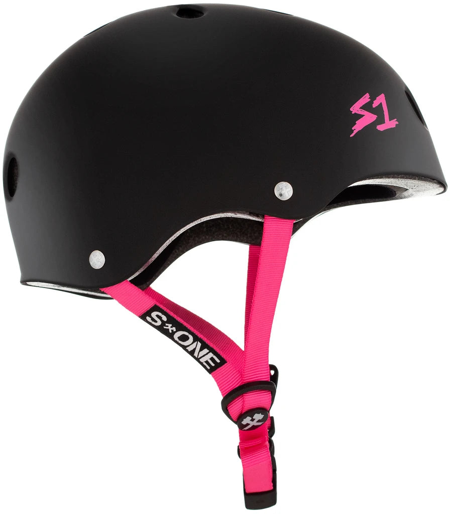 S One Lifer Certified Skate/Bike Bucket Helmet - Black Matte/Pink Straps
