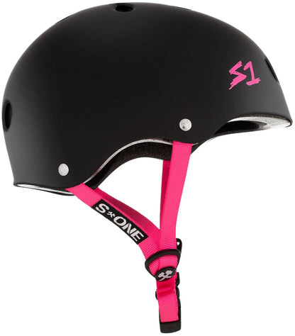S One Lifer Certified Skate/Bike Bucket Helmet - Black Matte/Pink Straps