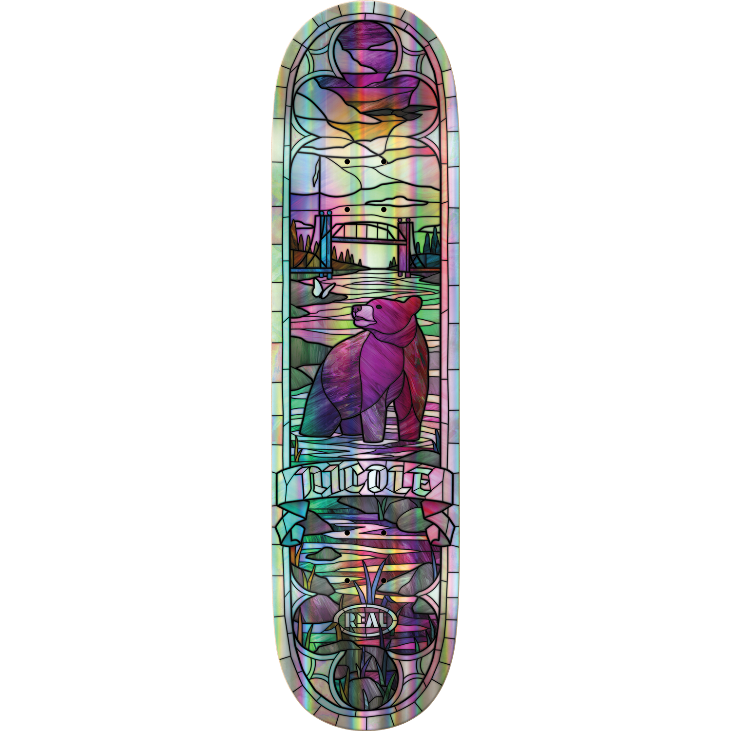 Real Nicole Hause Holo Cathedral Rainbow Foil 8.38in x 32.25in Skateboard Deck