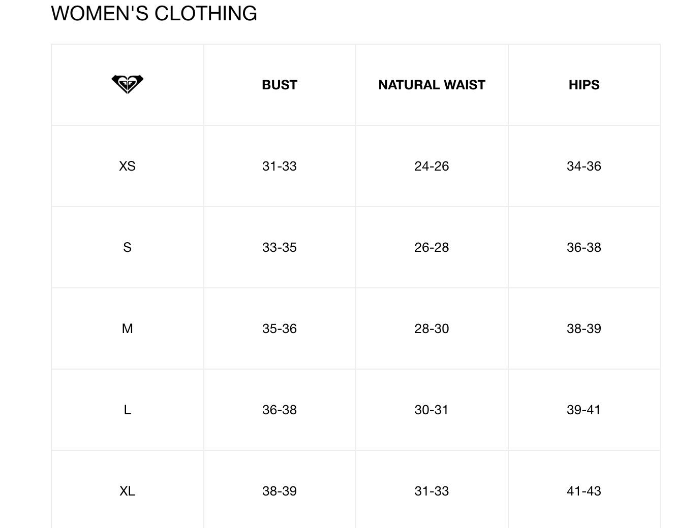 Roxy Womens Tops Size Chart