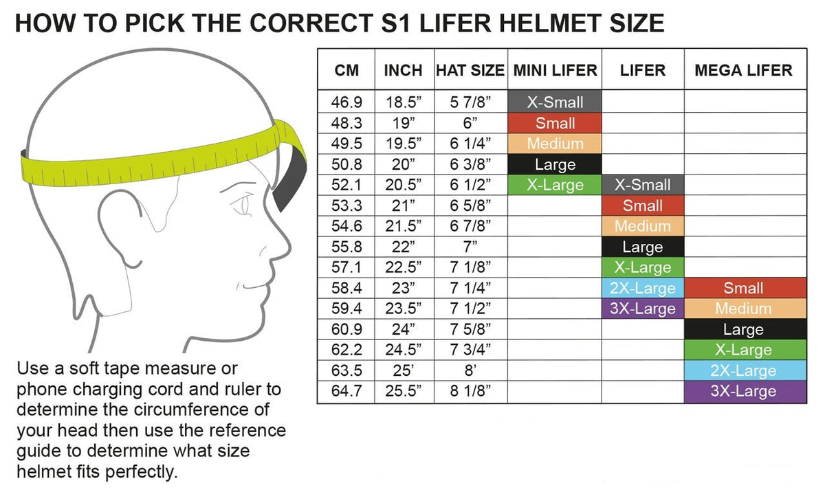 S1 Lifer Helmet Size Chart